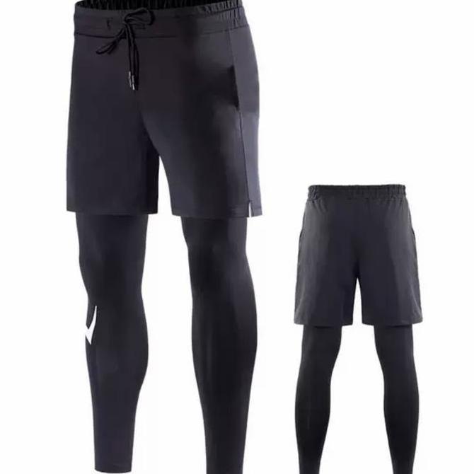 Celana Pendek 2 in 1 Legging Panjang Olahraga Pira Man Double Layer Sport Shorts Long Legging Gym Fi