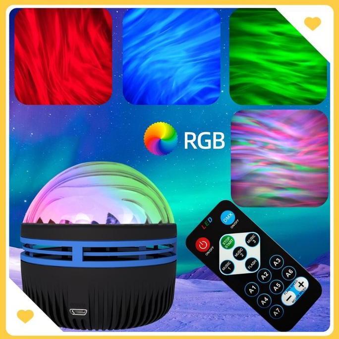 POALA Lampu LED proyektor Aurora Disco + Remote Kamar Tidur LED Hias Malam RGB Hitam Usb Plastik