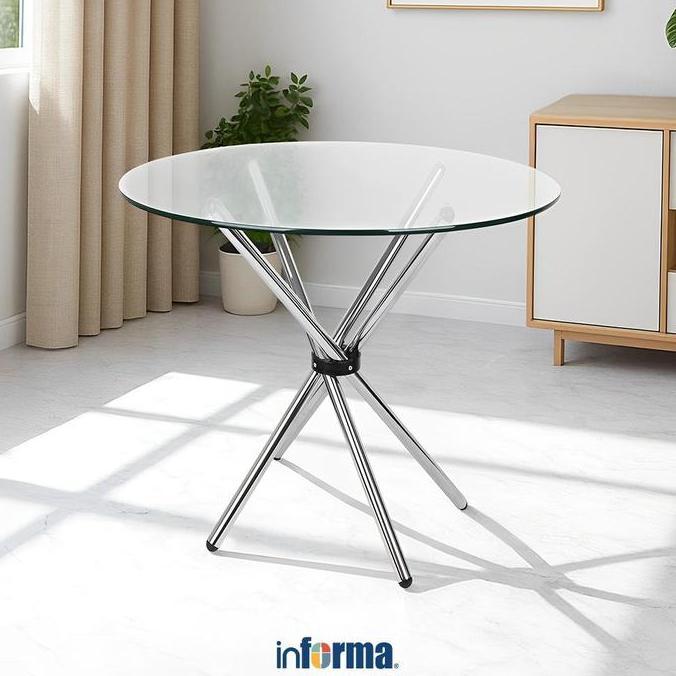 Informa Amber Meja Makan Bundar Kaca Kaki Besi Ruang Keluarga Cafe