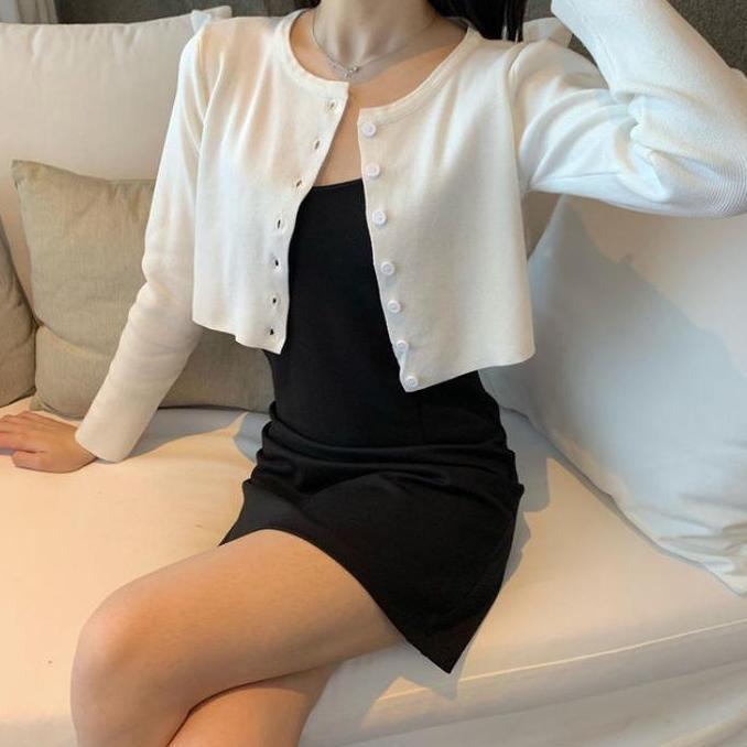 AI160 - Cardigan Knit crop Tangan Panjang Hitam Putih Atasan Wanita Kardigan Tipis halus Allsize Pen