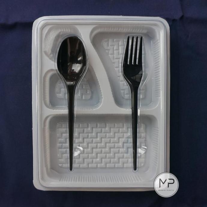Saveme- Mika Box Bento 4 Sekat Premium Full + Sendok Garpu Set 4 Putih Ecer Grosir