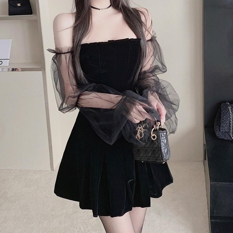 new fairy evening dress hitam polos gaun pesta mewah elegan lengan panjang wanita kekinian casual dr