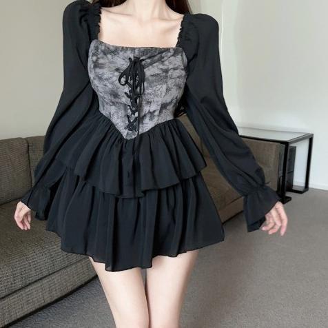 Cuci Gudang Fairy Evening Dress Hitam Polos Gaun Pesta Mewah Elegan Lengan Panjang Wanita Kekinian C