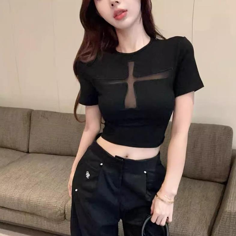 Murah  Newlan Zz124 Crop Top Short Sleeve Pakaian Atasan Wanita Import Top Rib Knit Senam Aerobik Cr