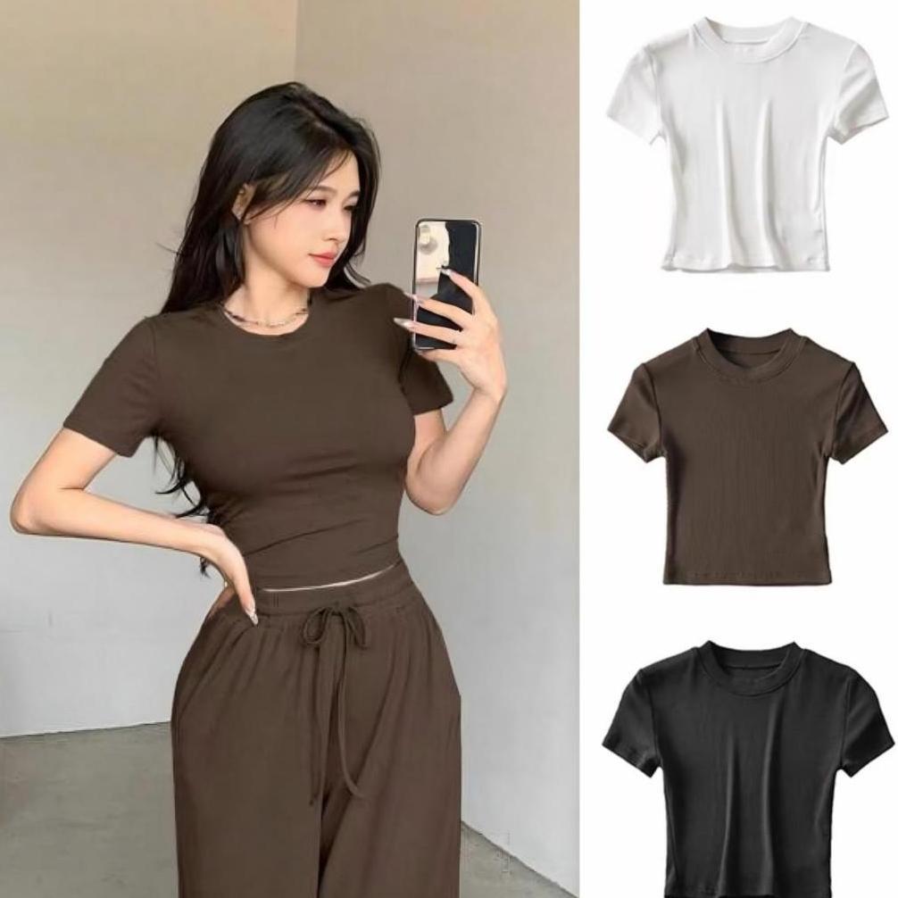 Premium Kaos Crop Top Wanita Kaos Wanita Crop Top Korea Cotton Strech Crop Top Korean Style Kaos Wan