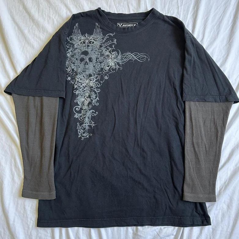 90s Vintage Cross Skull Print Tee Mall Goth Graphic Long Sleeve Patchwork T-Shirt Harajuku Retro Y2k