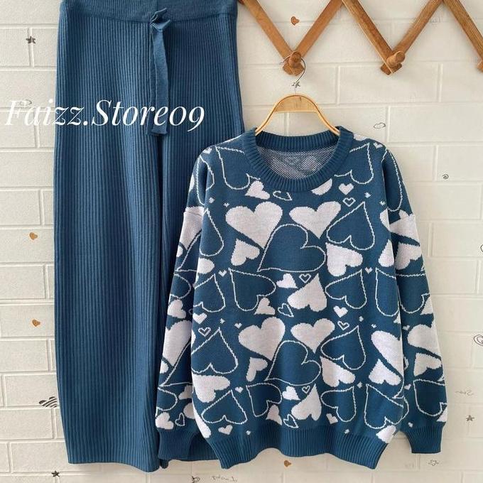 DR273 >> Oneset Sweater Rajut Yunita Motif Love Setelan Celana Kulot Premium Wanita Kekinian