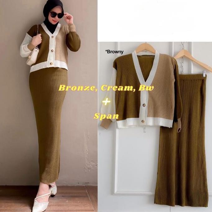 DS87 - Yena One Set Cardigan 3tone + Rok Rajut Span Setelan Wanita Baju Rajut Premium Rok Knit Daily