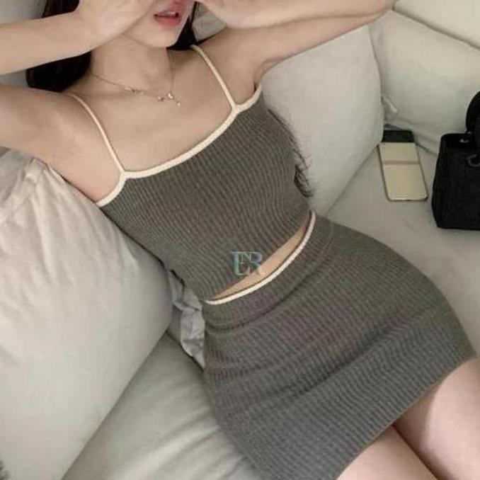 DR146 - Setelan Basic Tanktop + Rok Pendek Rajut Atasan Lengan Tali Crop Top Mini Skirt Dress Ketat 