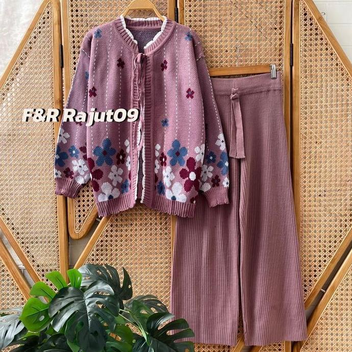 DS207 - Oneset Rissda Cardigan Rajut Motif Tali Pita Bunga Setelan Celana Kulot Premium Wanita Lenga