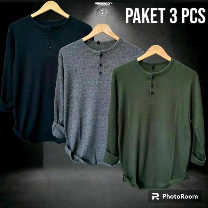 kaos kancing lengan panjang isi 3pc Katun Santai Polos Baju Distro Pria Keren Nyaman  Variasi Hitam 