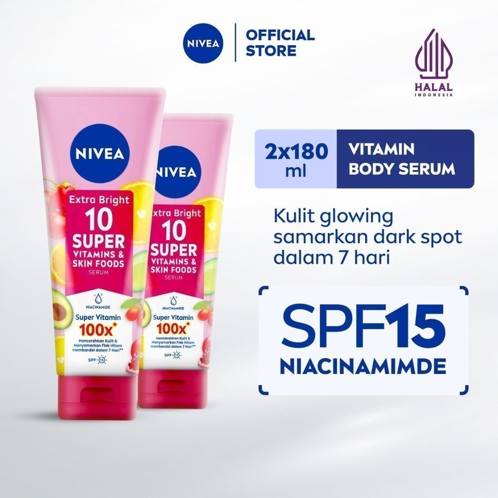 (PAKET HEMAT ISI 2) NIVEA Body Serum Extra Bright 10 Super Vitamins SPF15 180ml - Hand body serum mo