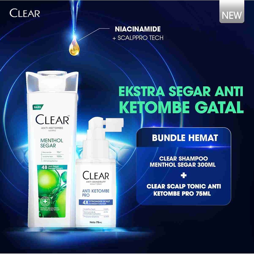 [BUNDLE HEMAT] CLEAR Shampoo Menthol Segar Anti Ketombe 300ml + CLEAR Anti Dandruff Scalp Tonic Hair