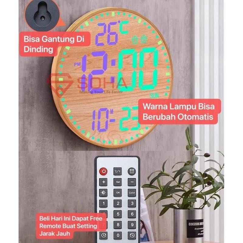 TERBARU - JD-16 SOHA Jam Dinding Digital Design Motif Kayu Elegan Lampu LED Besar 11 Inch Alarm Free
