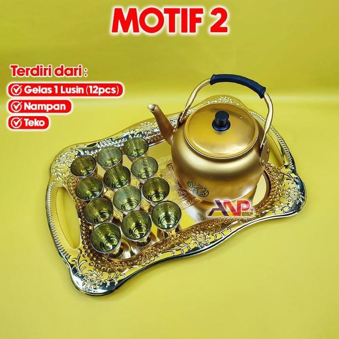 ANP88 - Paket Set Bundling Gelas Teko Nampan Khas Timur Tengah Wadah Air Zam-zam Set Teko Kuningan A