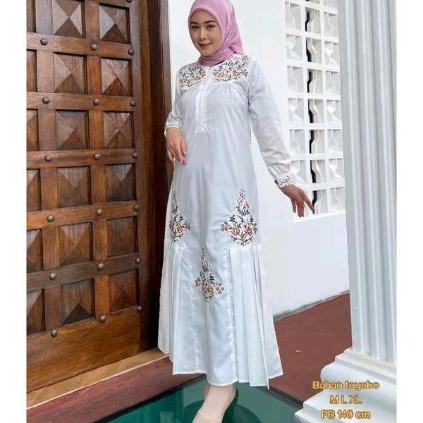 Gamis Bordir Bunga Toyobo Premium Busui Friendly Wudhu Friendly - Radiafashion - Pesta, Katun, Maxi,