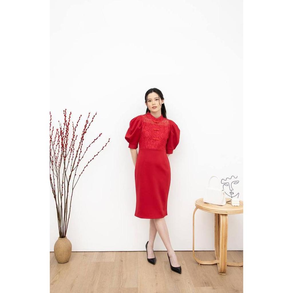Termurah / Hot Sale Huan Cheongsam Dress - Dress Scuba Premium Merah Imlek Cheongsam