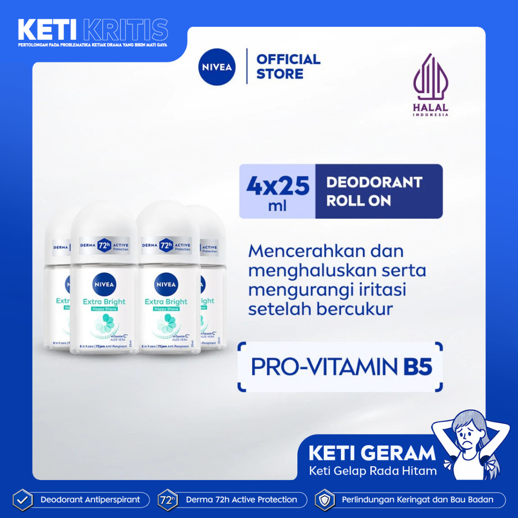(PAKET HEMAT ISI 4) NIVEA Deodorant Roll On Brightening Happy Shave 25ml - Deodoran wanita mencerahk