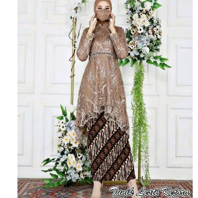 AI124 - Setelan  Kebaya Brokat Modern 2026 Kerah Shanghai Kombinasi Bordir Tille Payet Cocok Untuk  