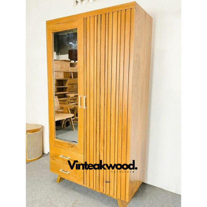 ALMARI PAKAIAN KAYU JATI PINTU 2 LEMARI CUSTOM KACA MINIMALIS KABINET WARDROBE VINTAGE FINISHING NAT