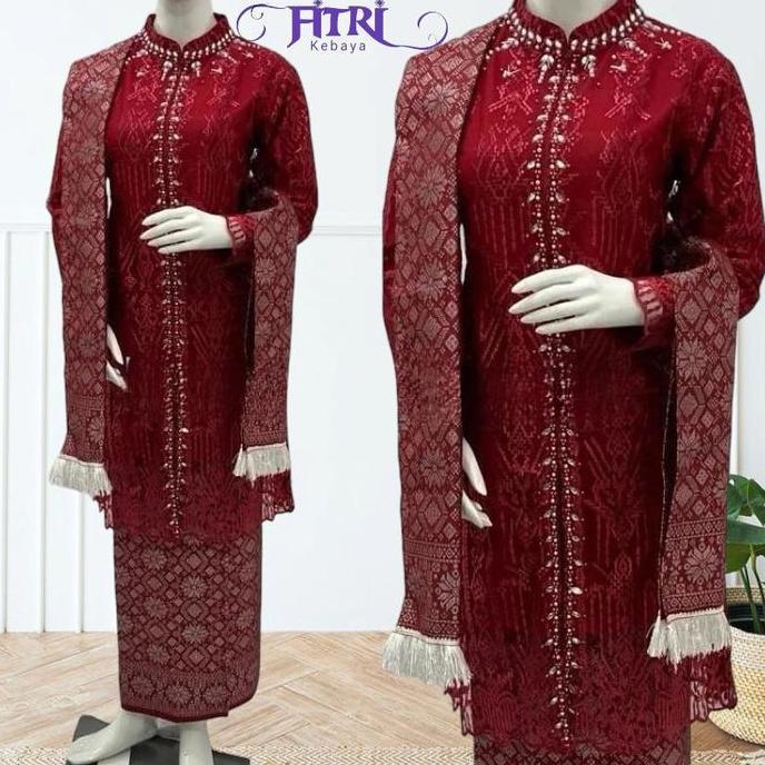 MD81 - Setelan Kebaya Tunik Payet Brokat Tile Modern Elegan Mix Songket Dengan Selendang Kebaya Kuru