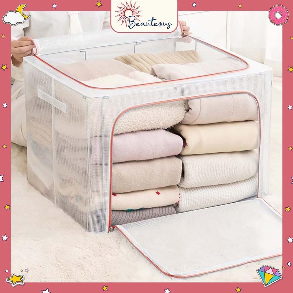 Storage Box Transparan Tempat Penyimpanan Baju Bad Cover Box Organizer Resleting Serbaguna