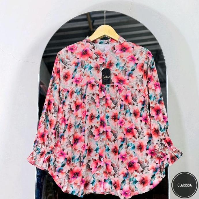 Iyakirim- Sania Alisa Blues Kemeja Wanita Rayon Motif Bunga Elegan Dan Nyaman Untuk Tampilan Harian