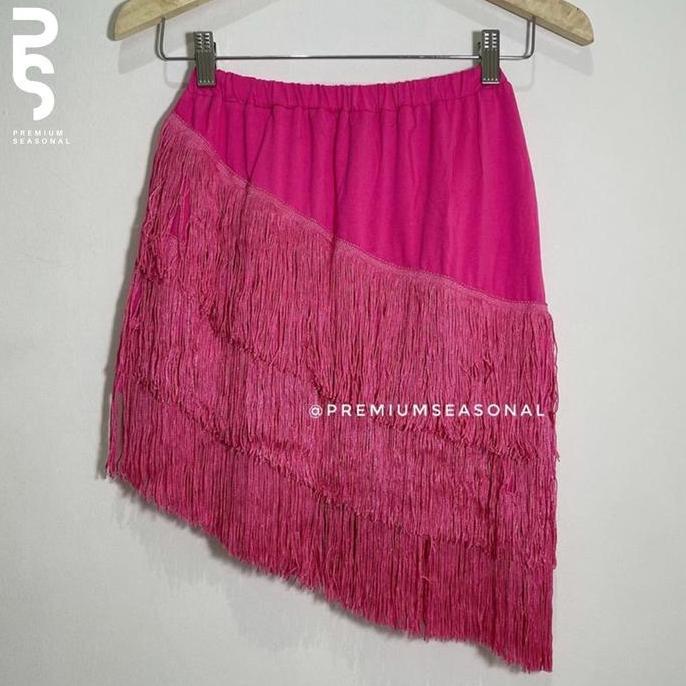 Wmn- Rok Rumbai Miring - Celana Rok Rumbai Motif Miring 3 Tingkat Panjang Merah