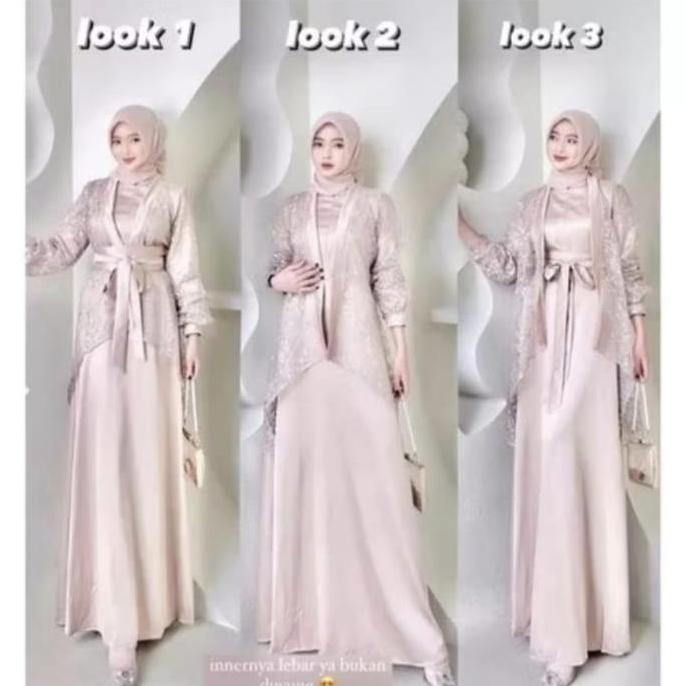 AI59 }} Fuji Dress Satu Set Inner Outer Kimono Faizso Fashion Gamis Muslim Wanita Pesta Kondangan Br
