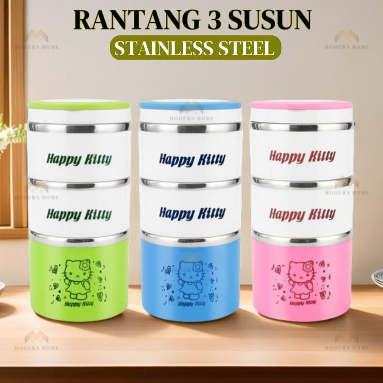 Rantang 3 Susun Hello Kitty 1400 ml Stainless Steel Lunch Box Three Storey Triple Layer Insulated Lu