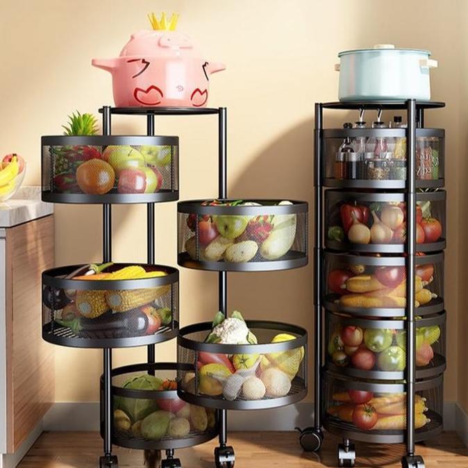 Rak Susun Besi Roda Rak Buah Sayuran susun Rak dapur minimalis Rak Troli Besi Keranjang Putar Anti K