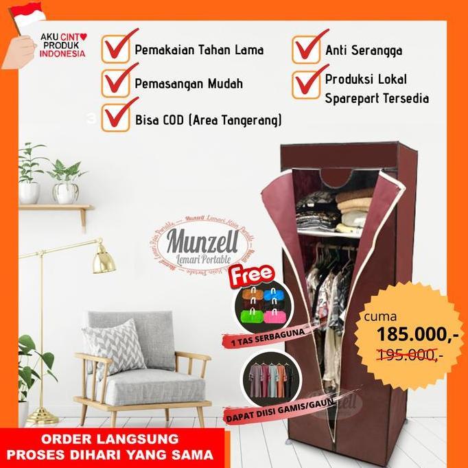 BEBAS ONGKIR - LEMARI BAJU/PAKAIAN MUNZELL LPF-02 MAROON. Lemari Gantung +2 Sekat