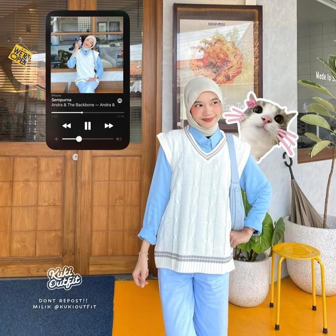 KUKI OUTFIT - Sean Baju One Set Wanita (Kemeja, Vest Rajut BKK, Celana Jeans) Korean Style Rompi Set