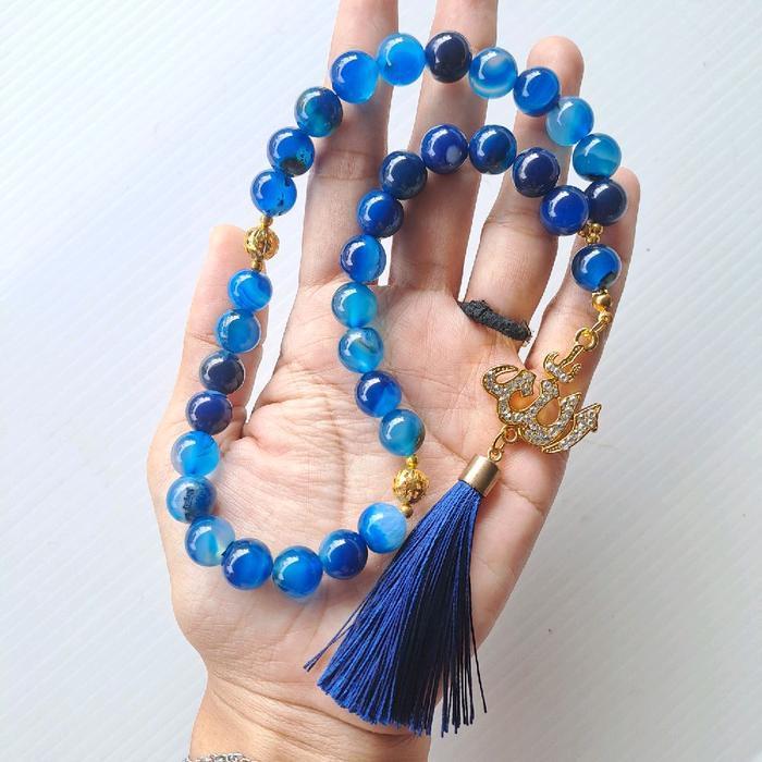(Diskon) Tasbih Batu Natural Blue Safir Jumbo 10Mm 33Butir Lafadz Allah Rumbai Bestseller