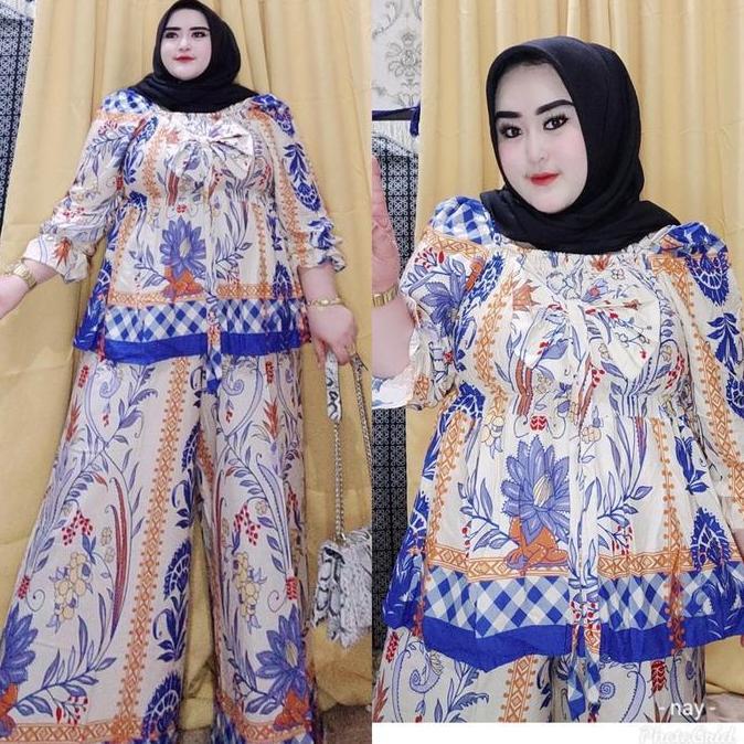 Setelan Luna Bahan Rayon Diamond Celana Model kulot tangan Balon