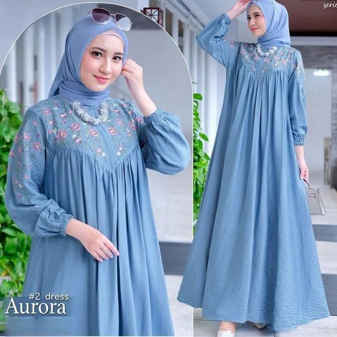 Gamis Wanita Crinkle Airflow Terbaru Aurora Bo Dress Bordir Putih Jumbo Ld 130 cm Baju Kondangan Kek