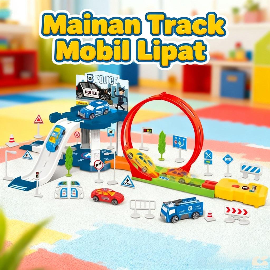 Mainan Track Mobil Lipat Koper Police / Truck Catapult Assemble Diy