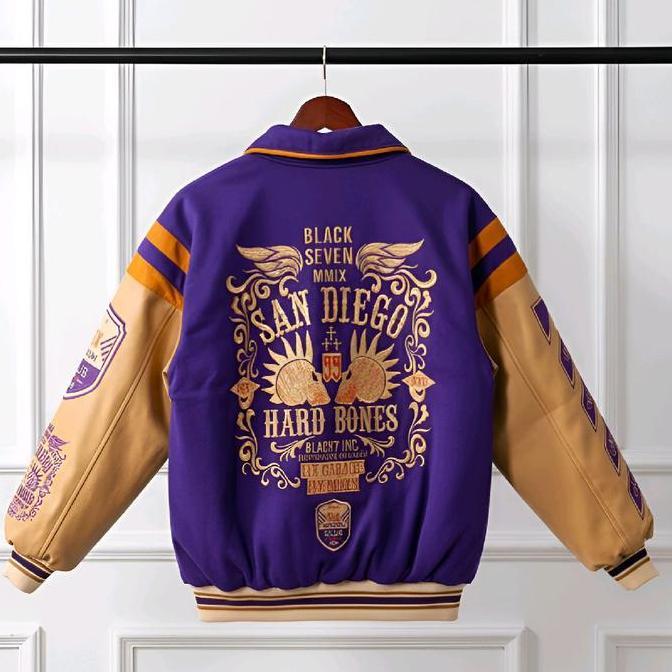 Xxpi- Varsity Jacket San Diego Hard Bones Purple Cream | Jaket Baseball Kerah Bordir Original Unisex