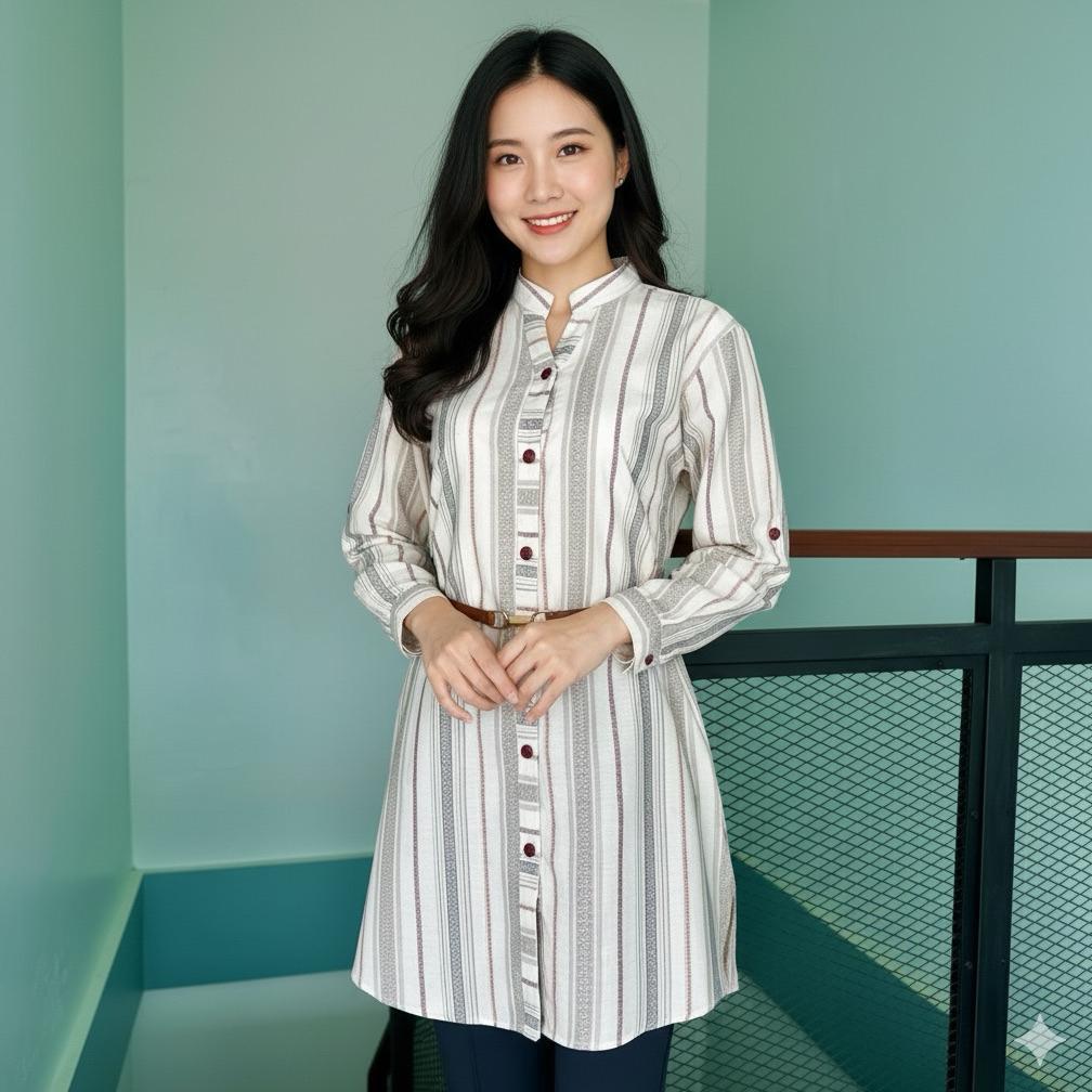 DISKON JUBII.TUNIK TRISET MOTIF DOBBY TIMBUL FREE IKAT PINGGANG CANTIK