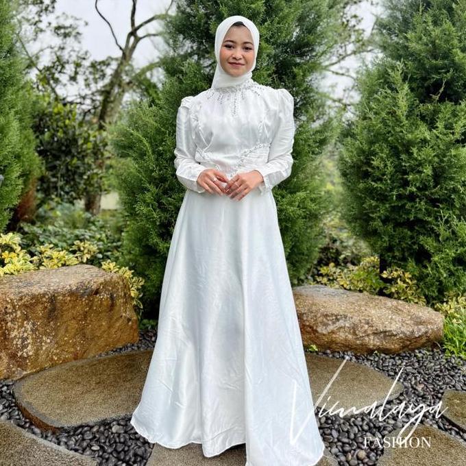 Gamis Putih Satin Mutiara Kombinasi Tile Baju Muslim Vima 71051