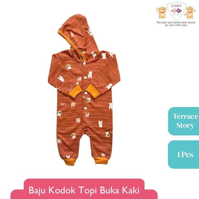 LIBBY Baju Kodok Panjang Buka Kaki Pakai Topi Motif Terrace Story (1 pcs) (TERBAIK) (TERBARU) (TERMU