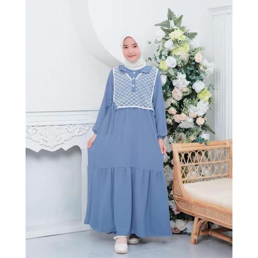 Baju Gamis Set Rompi Brukat Anak Umur 6-7 9-11 12-14 Tahun Garis Leher Round Neck Desain Square Gaya