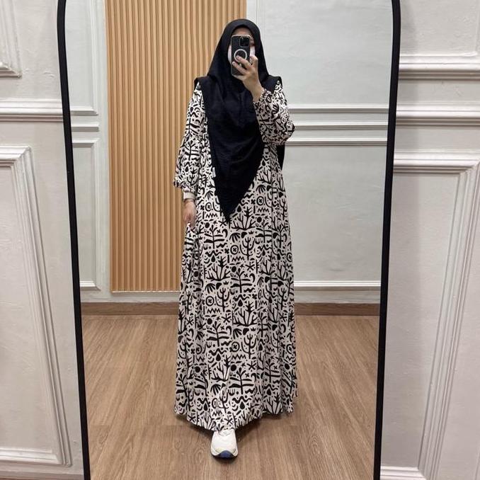 Tania Dress Gamis Rayon Viscose Busui Friendly Tanpa Hijab Manset Karet Tangan Semi Balon
