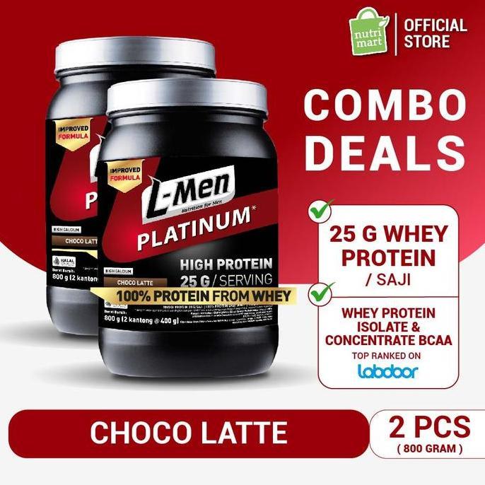 TWIN PACK: L-MEN PLATINUM CHOCO LATTE 800GR 1,7LBS - 25G WHEY PROTEIN - 21 SERVING - 5,9G BCAA DILEN