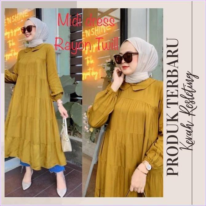 Murah Midi Dress Twill/Midi Dress Twill Premium/Midi Dress Rayon Twill Bahan Tebal Lembut Dan Super 