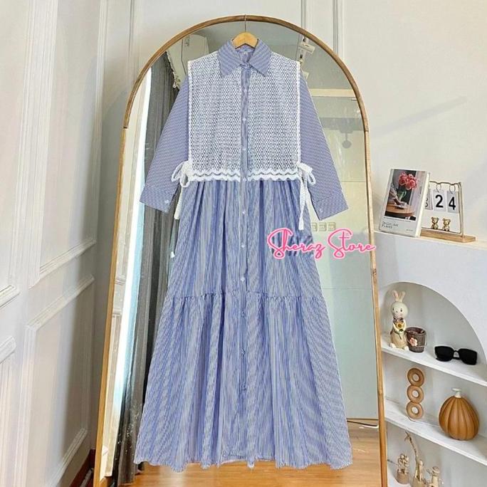 Murah Kania S M L XL XXL Gamis Dress Katun Salur Mix Vest Brokat Wanita Remaja Kekinian Jumbo Ld 120