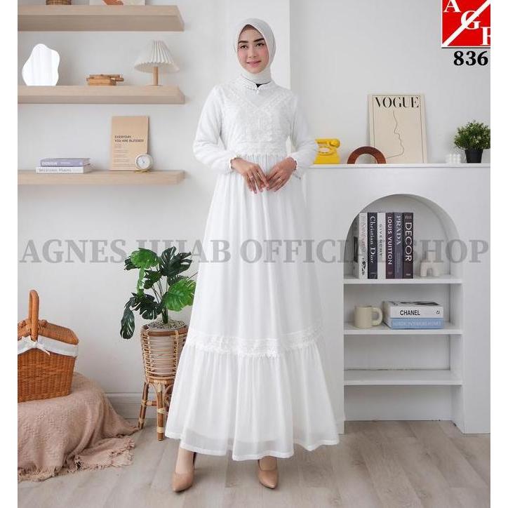 Murah AH - Gamis Putih Lebaran 2026 Terbaru Gaun Pesta Mewah Simple Elegan Baju Muslim Wanita Remaja