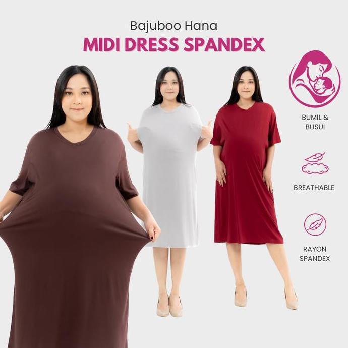 Bajuboo Hana - Dress, Midi Dress Kaos Premium, Non Busui & Bumil Busui Spandex Rayon Premium (TERBAI