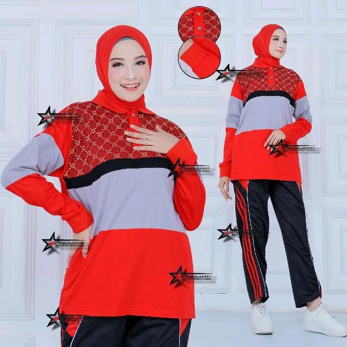 Setelan Baju Olahraga / Setelan Kaos Olahraga / Seragam Olahraga Motif Batik Celana Muslim Panjang T