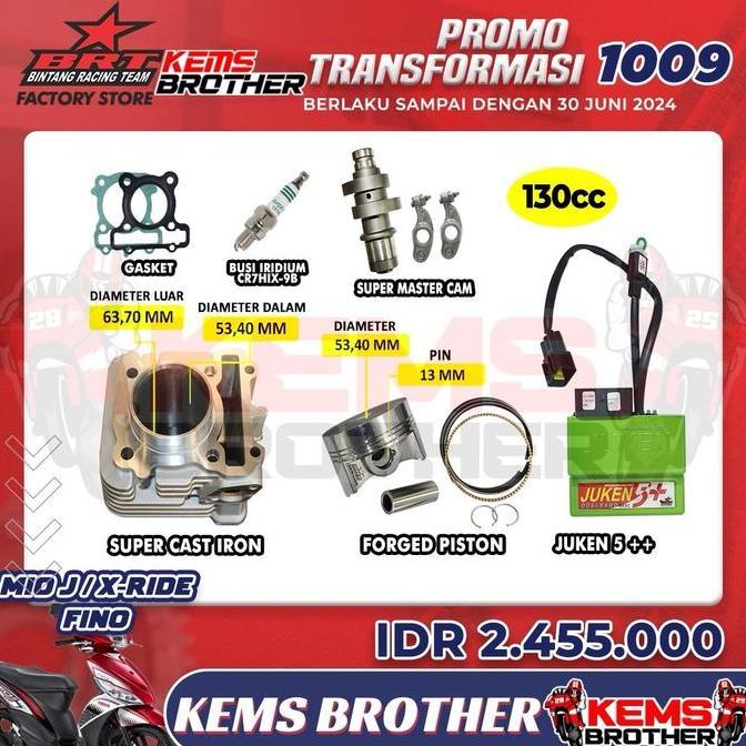PAKET BLOK BRT CASTING IRON BOREUP 130CC 155CC MIO J XRIDE FINO HEMAT 3 (BLOK PISTON FORGED NOKEN AS